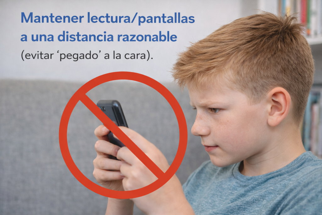 Niño usando un móvil muy cerca de la cara, ejemplo de mala distancia de pantalla