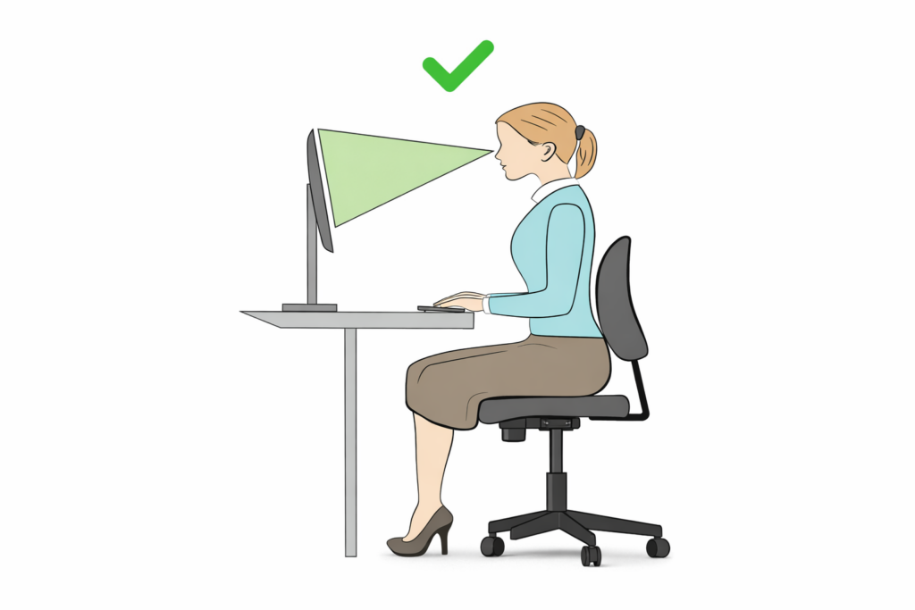Persona sentada con postura correcta frente al ordenador: espalda recta, pies apoyados y pantalla a la altura de los ojos.